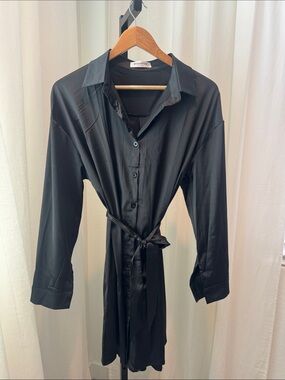 Women's Black Button-Front Long Sleeve Shirt Dress with Tie Waist